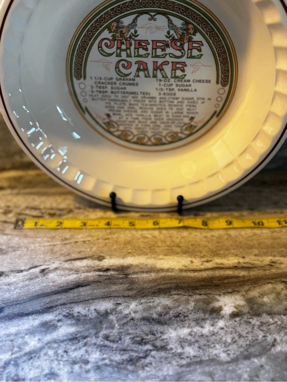 Vintage Cheesecake Pie Pan Dish - Printed Recipe Vintage Ceramic Pie Plate 10" - Picture 4 of 7